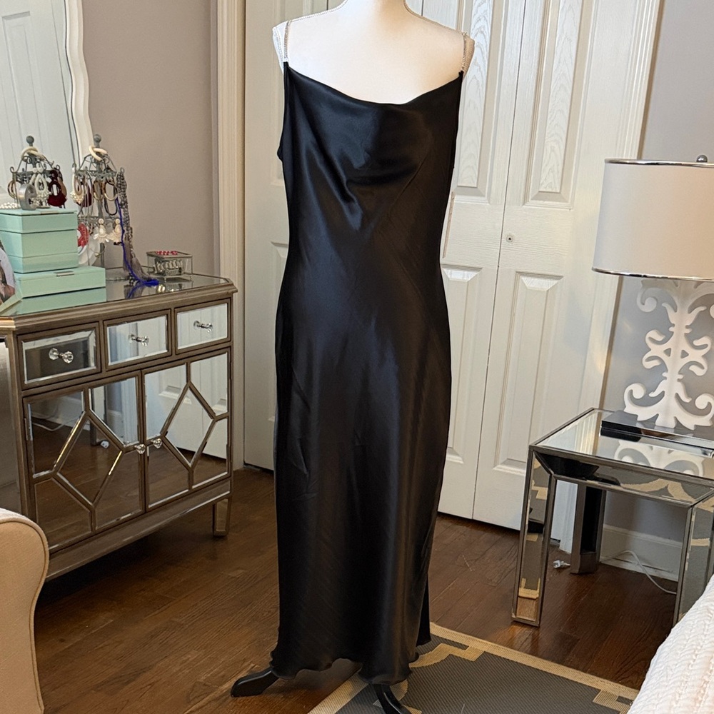Nicole Miller Black Satin Slip Dress Large Stunningly Simple, Elegantly Flows L